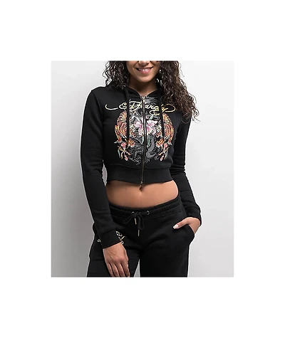 Ed Hardy Tigers Orchid Black Crop Zip Hoodie