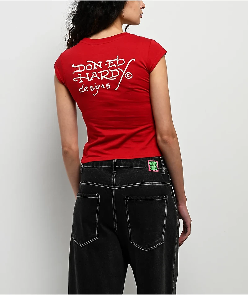 Ed Hardy True Eagle Rhinestone Red Cap Sleeve T-Shirt