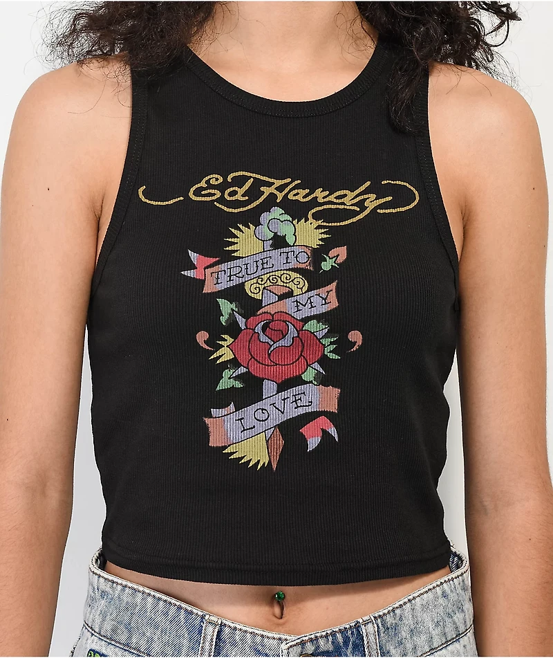 Ed Hardy True Love Black Ribbed Crop Tank Top