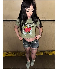 Ed Hardy Two Hearts Rhinestone Olive Crop T-Shirt