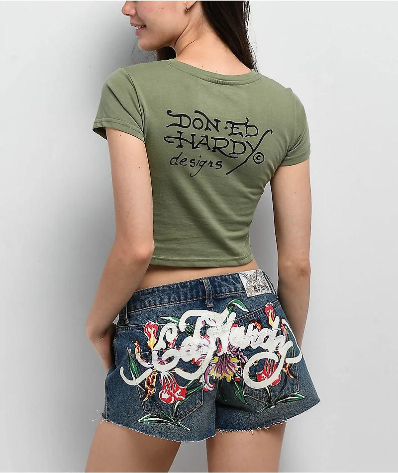 Ed Hardy Two Hearts Rhinestone Olive Crop T-Shirt