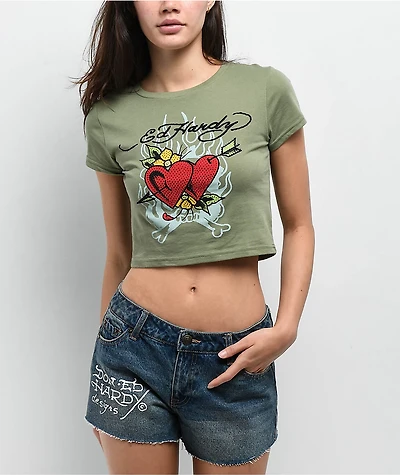 Ed Hardy Two Hearts Rhinestone Olive Crop T-Shirt