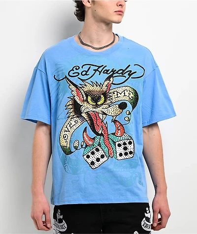 Ed Hardy Wolf Dice Rhinestone Blue T-Shirt