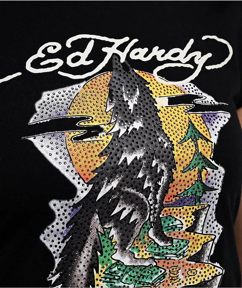 Ed Hardy Wolf Rhinestone Black Cap Sleeve T-Shirt