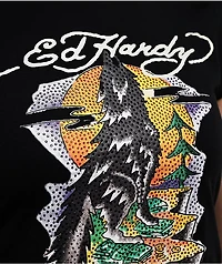 Ed Hardy Wolf Rhinestone Black Cap Sleeve T-Shirt
