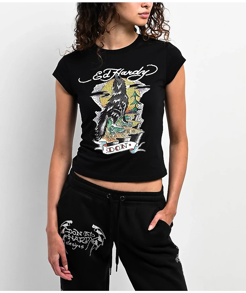 Ed Hardy Wolf Rhinestone Black Cap Sleeve T-Shirt