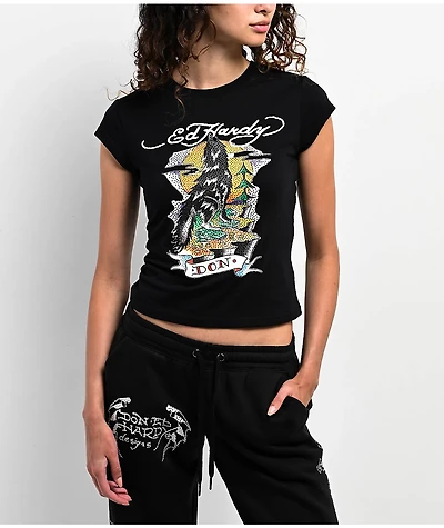 Ed Hardy Wolf Rhinestone Black Cap Sleeve T-Shirt