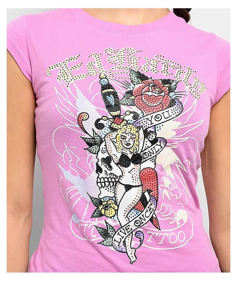 Ed Hardy YOLO Girl Rhinestone Pink Cap Sleeve T-Shirt