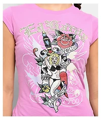 Ed Hardy YOLO Girl Rhinestone Pink Cap Sleeve T-Shirt
