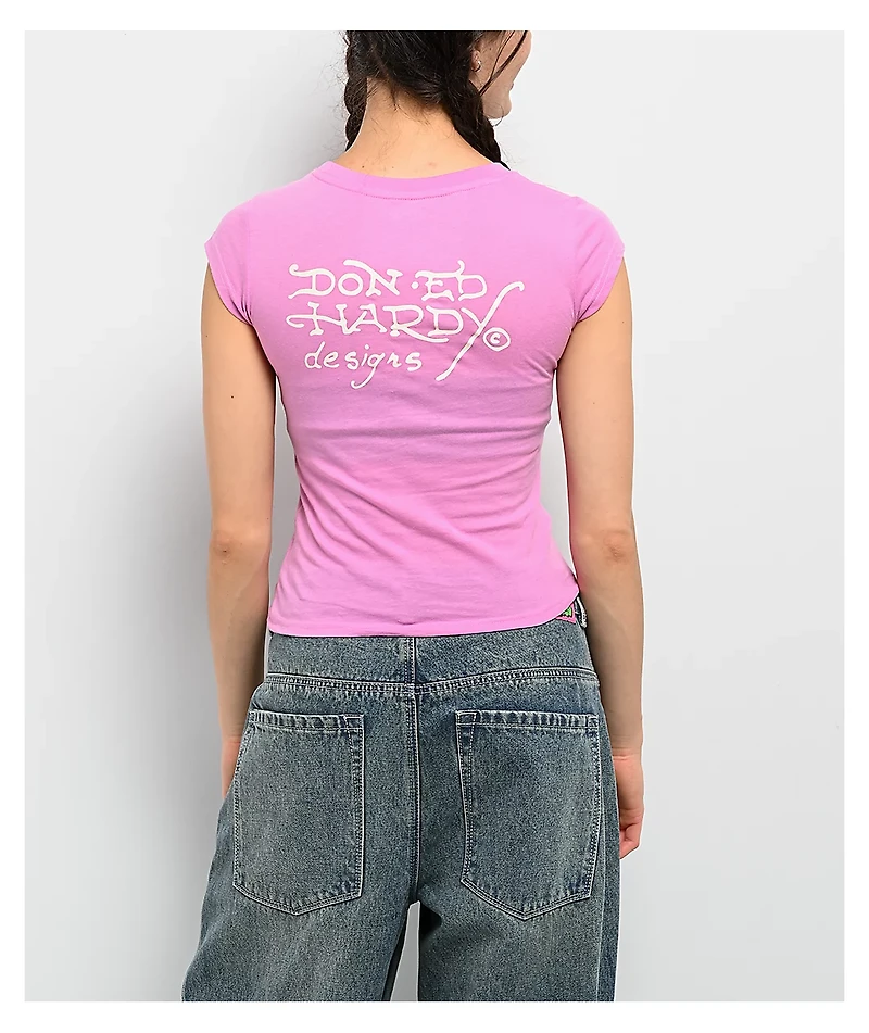 Ed Hardy YOLO Girl Rhinestone Pink Cap Sleeve T-Shirt
