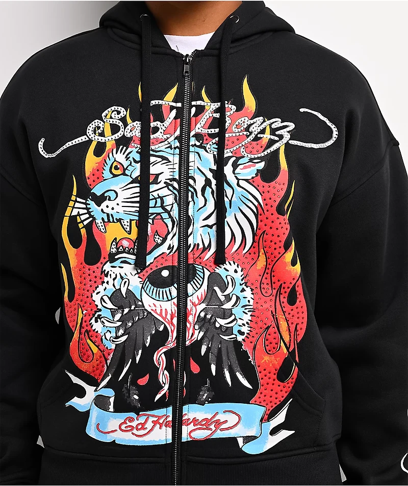 Ed Hardy x $AD BOYZ by Junior H Tiger Flame Black Zip Hoodie