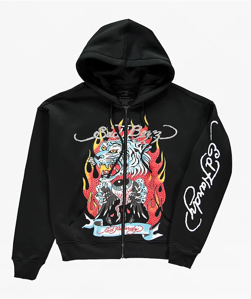 Ed Hardy x $AD BOYZ by Junior H Tiger Flame Black Zip Hoodie
