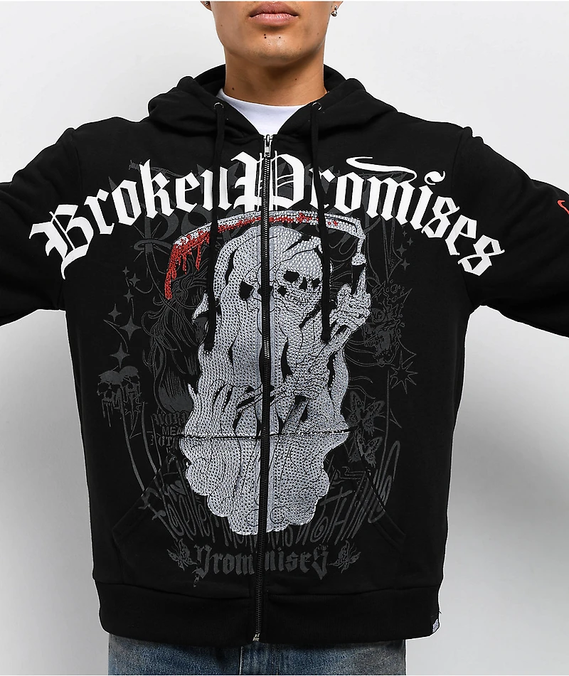 Ed Hardy x Broken Promises Deaths Shadow Rhinestone Black Zip Hoodie