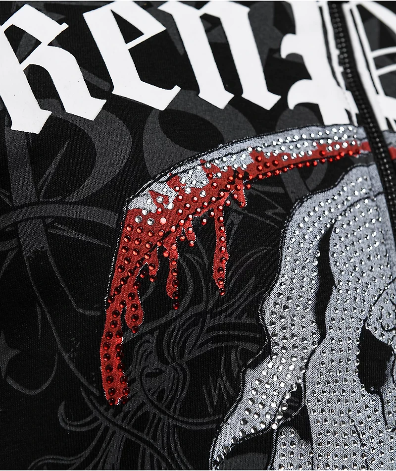 Ed Hardy x Broken Promises Deaths Shadow Rhinestone Black Zip Hoodie