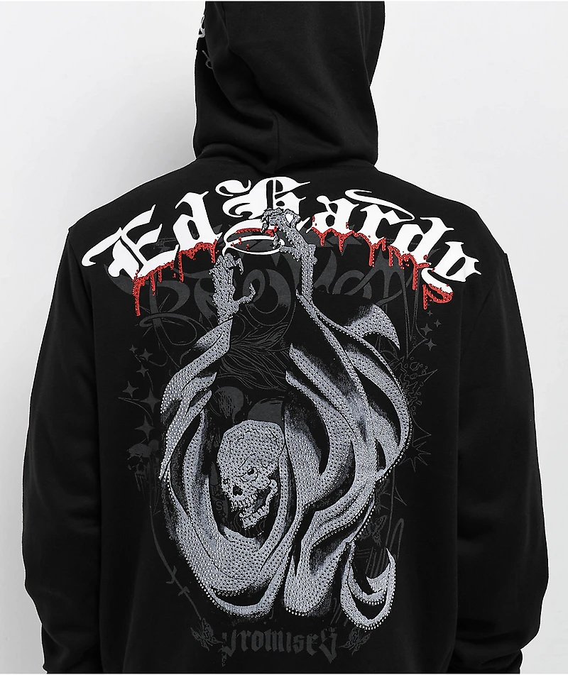 Ed Hardy x Broken Promises Deaths Shadow Rhinestone Black Zip Hoodie