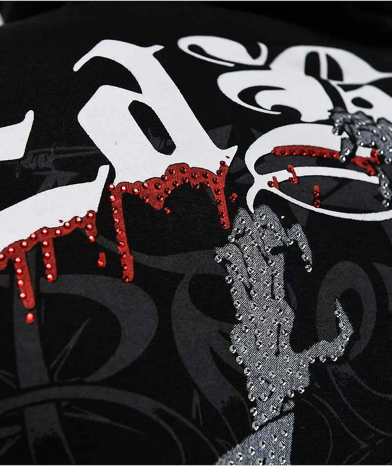 Ed Hardy x Broken Promises Deaths Shadow Rhinestone Black Zip Hoodie