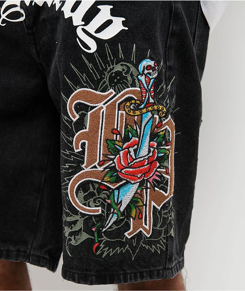 Ed Hardy x Broken Promises Love Scars Black Denim Shorts