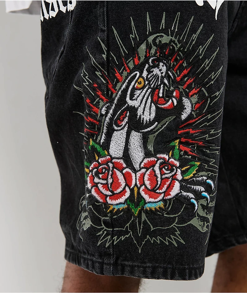 Ed Hardy x Broken Promises Love Scars Black Denim Shorts