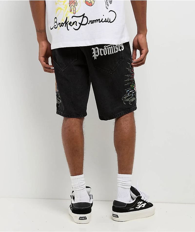 Ed Hardy x Broken Promises Love Scars Black Denim Shorts