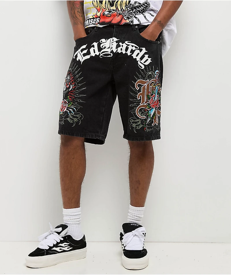 Ed Hardy x Broken Promises Love Scars Black Denim Shorts