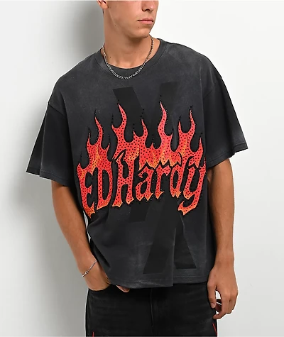 Ed Hardy x EST 19XX Rhinestone Flames Vintage Black T-Shirt