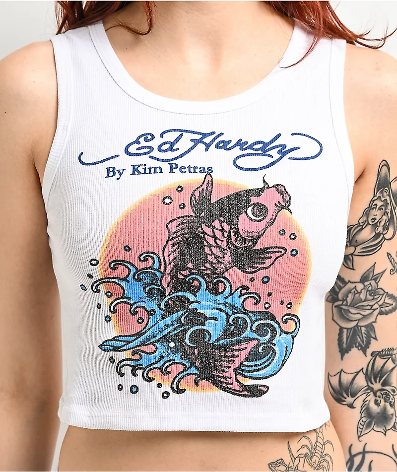 Ed Hardy x Kim Petras Koi White Crop Tank Top