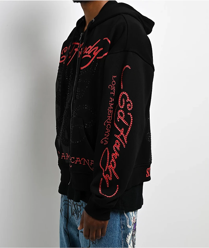 Ed Hardy x MGK Flames Rhinestone Black Zip Hoodie