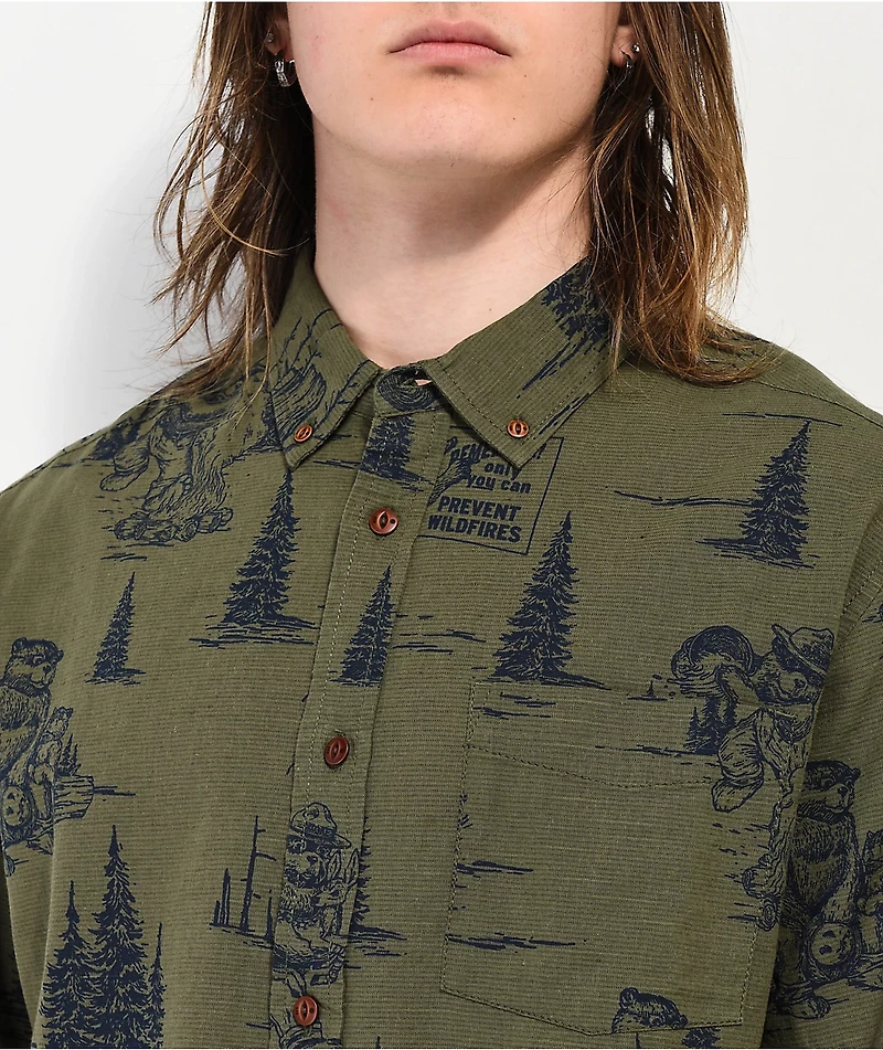Element x Smokey Bear Scene Dark Green Short Sleeve Button Up Shirt
