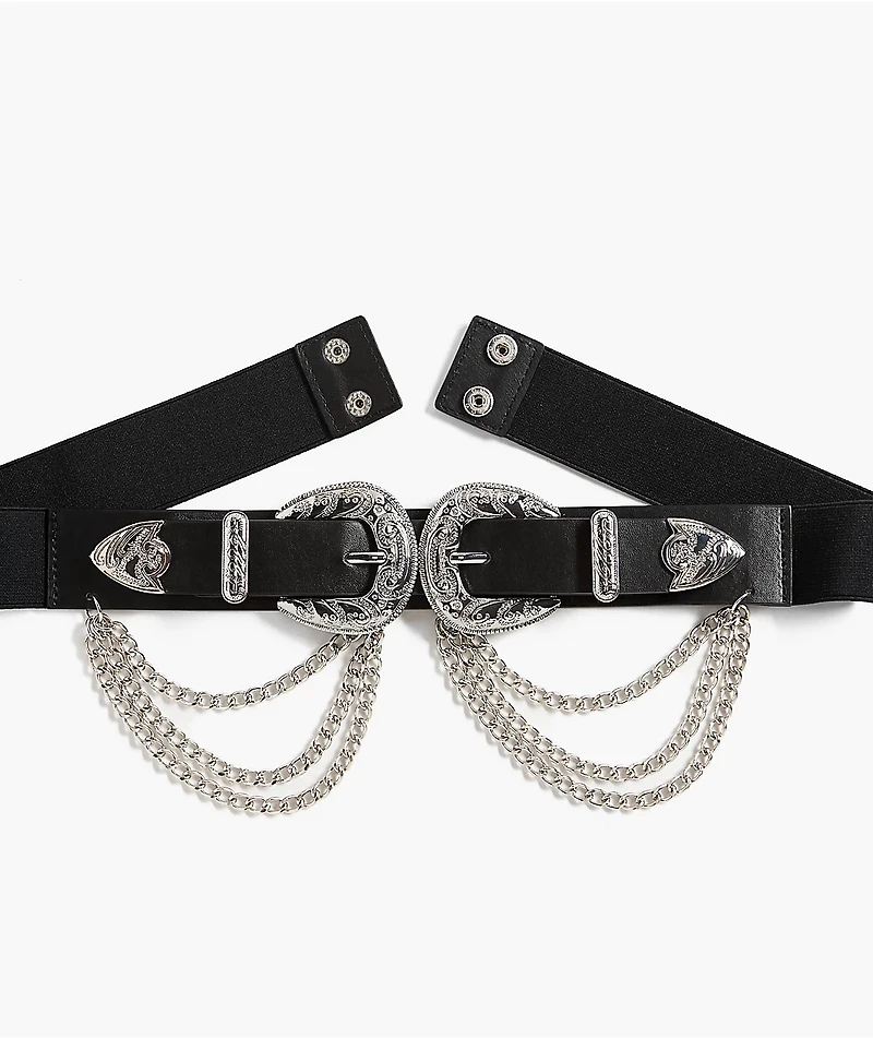 Ella Shea Double Buckle & Chain Black Belt