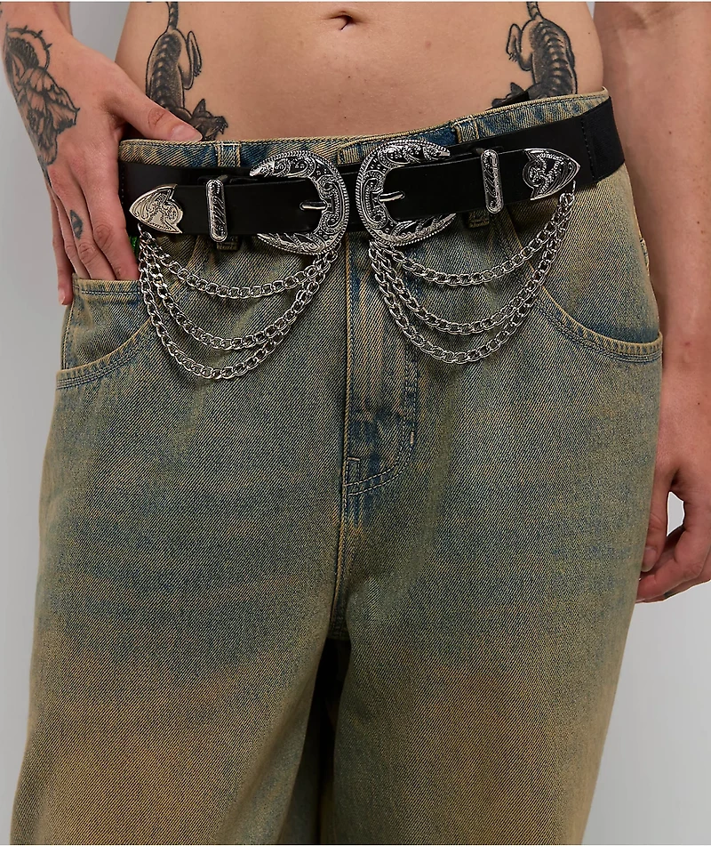 Ella Shea Double Buckle & Chain Black Belt