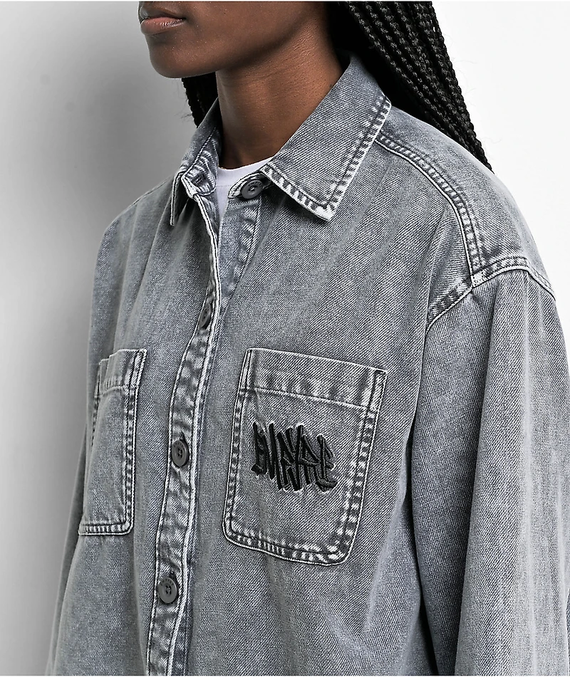 Empyre Akrin Grey Mineral Wash Long Sleeve Button Up Shirt