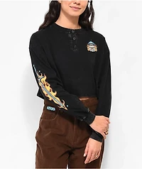 Empyre Alaska Flame Skull Black Crop Long Sleeve Henley T-Shirt