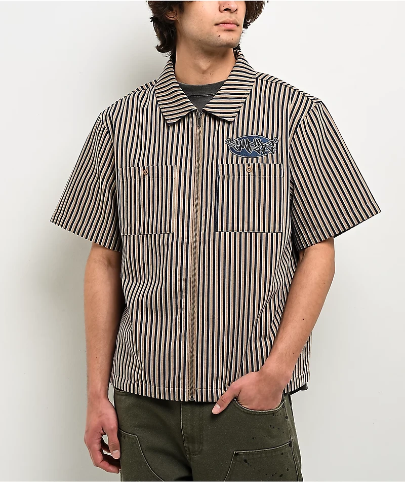 Empyre Charlie Stripe Sand & Navy Zip Work Shirt