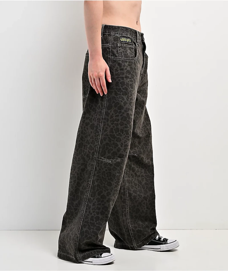 Empyre Extent Animal Print Grey Wash Mid Rise Wide Leg Jeans