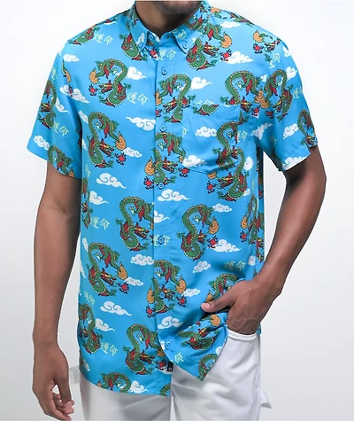 Empyre Feudal Flames Blue Short Sleeve Button Up Shirt