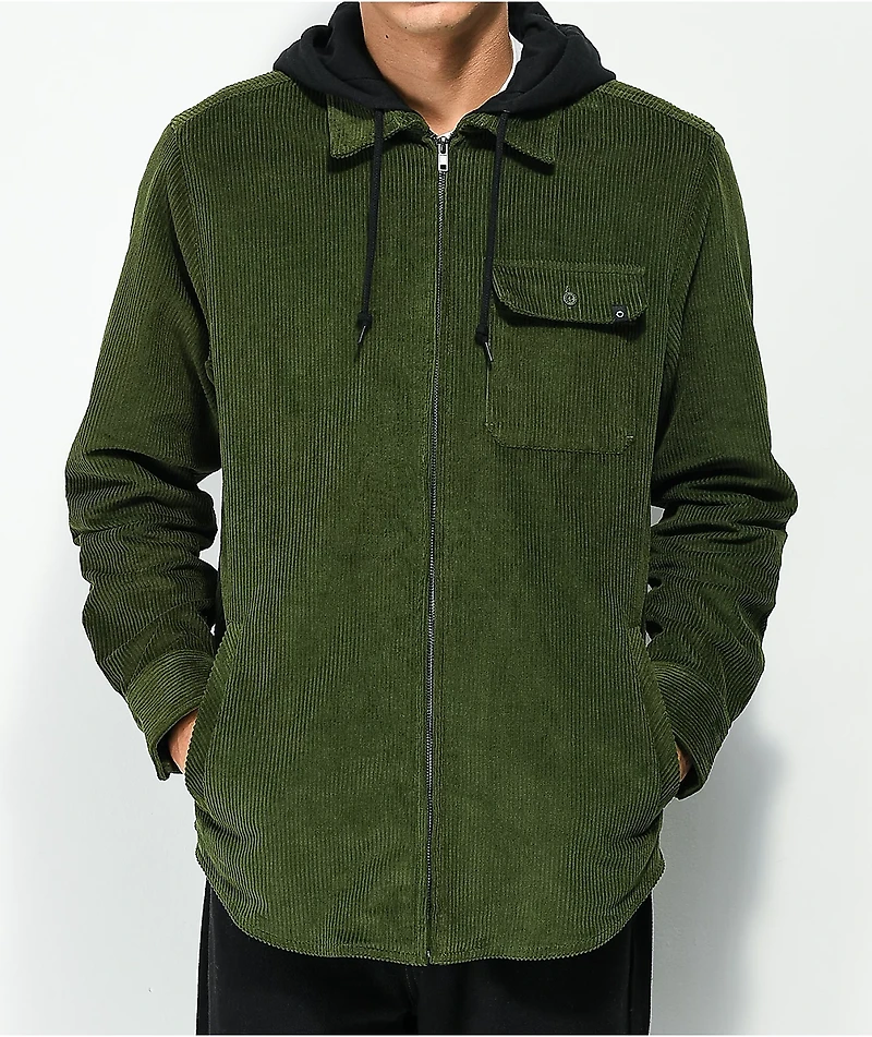 Empyre Fluke Green Hooded Corduroy Woven Long Sleeve Shirt