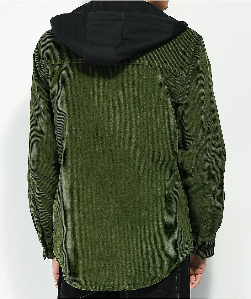 Empyre Fluke Green Hooded Corduroy Woven Long Sleeve Shirt