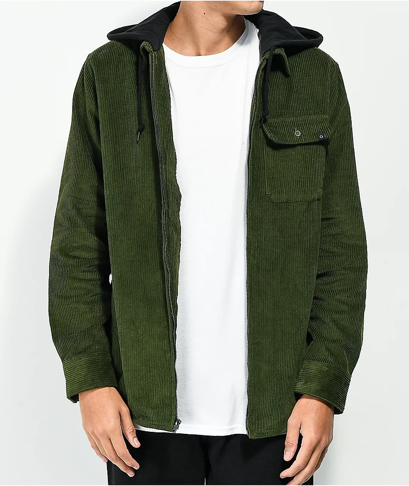 Empyre Fluke Green Hooded Corduroy Woven Long Sleeve Shirt