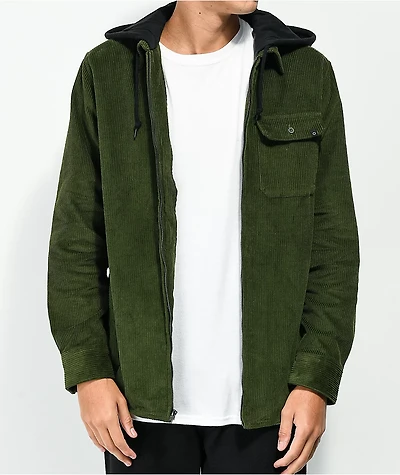 Empyre Fluke Green Hooded Corduroy Woven Long Sleeve Shirt