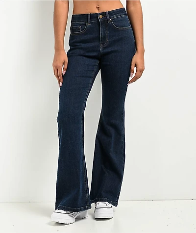 Empyre Glimmer Evening Dark Blue Wash Mid Rise Flare Jeans