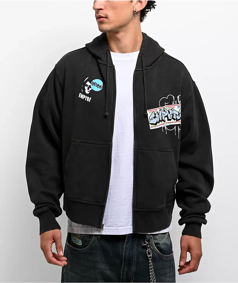 Empyre Graffiti Sign Black Wash Boxy Zip Hoodie