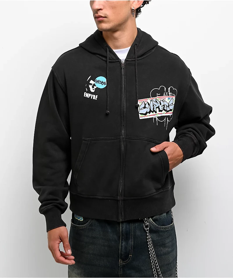 Empyre Graffiti Sign Black Wash Boxy Zip Hoodie