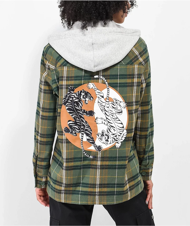 Empyre Holly Yin Yang Green & Grey Hooded Flannel Shirt