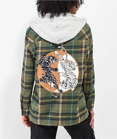 Empyre Holly Yin Yang Green & Grey Hooded Flannel Shirt