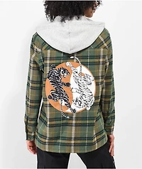 Empyre Holly Yin Yang Green & Grey Hooded Flannel Shirt