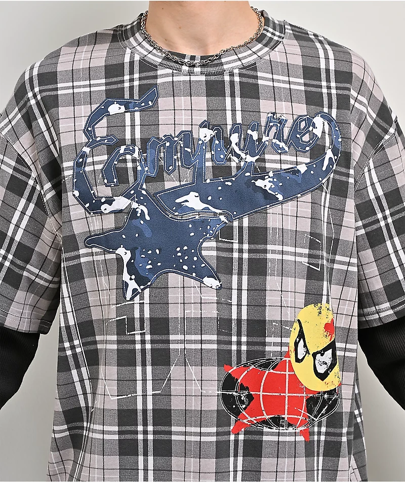 Empyre Jigsaw Grey Plaid 2fer Long Sleeve T-Shirt