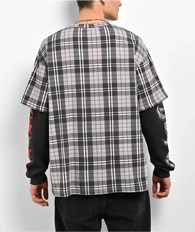 Empyre Jigsaw Grey Plaid 2fer Long Sleeve T-Shirt