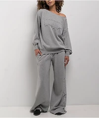 Empyre Lia Off Shoulder Applique Grey Crewneck Sweatshirt