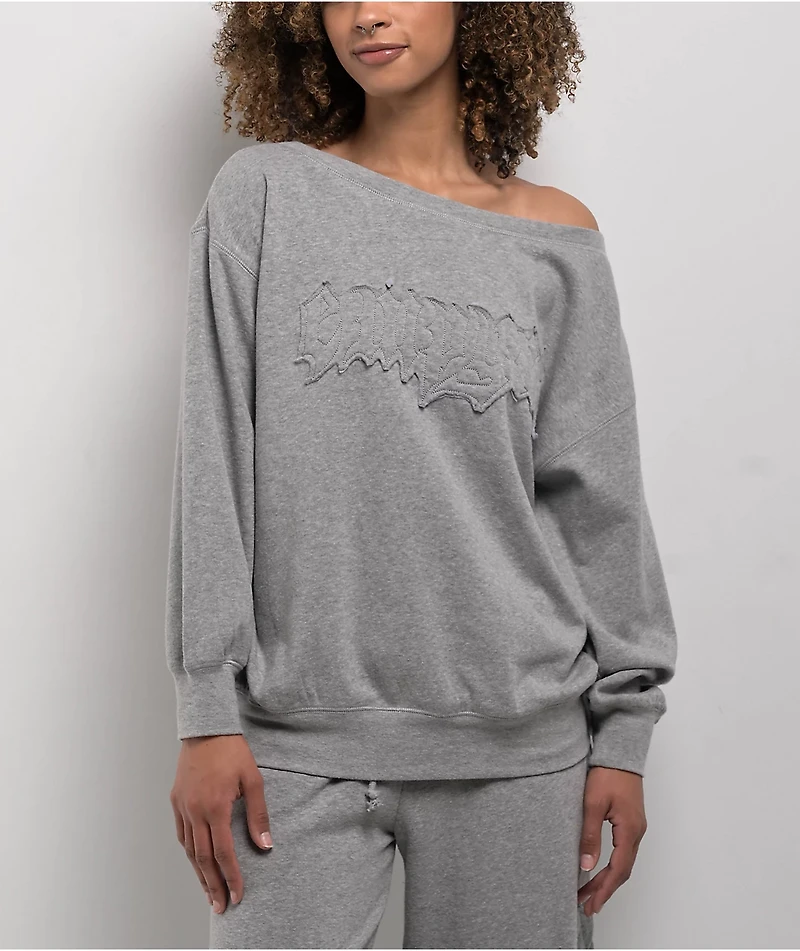 Empyre Lia Off Shoulder Applique Grey Crewneck Sweatshirt
