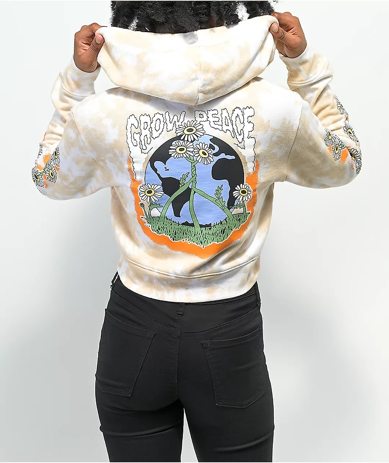 Empyre Rudy Grow Peace Tan Tie Dye Crop Zip Hoodie